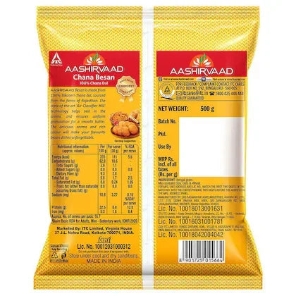 Aashirvaad Chana Besan 500g pack, 100% chana dal, yellow packaging with product info