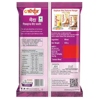 Back of Fortune Maida refined wheat flour 500g pack, product details and branding