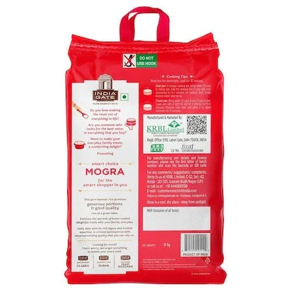 Back of India Gate Mogra Basmati Rice 10kg red bag with product details and branding, Naturia.
