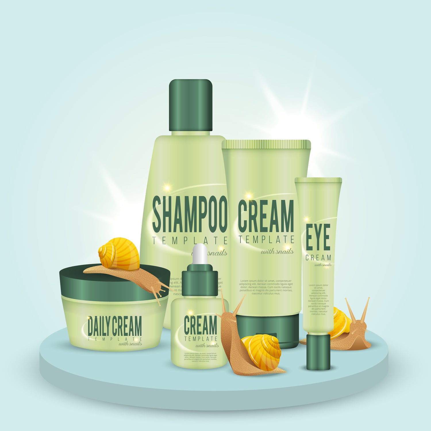 Naturia snail cream, shampoo, eye cream, and daily cream skincare products with snails displayed.