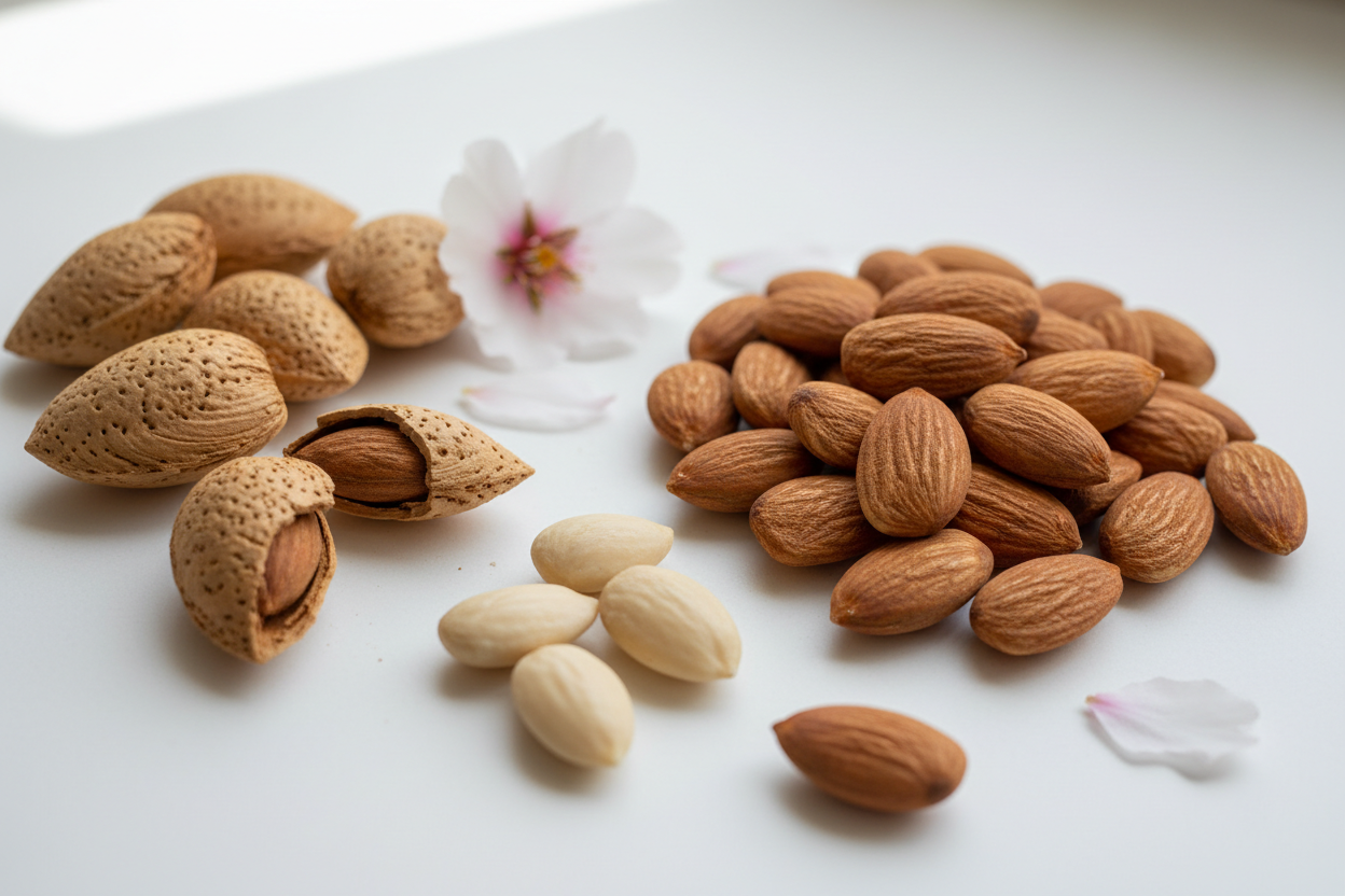 Raw almonds with shells, shelled almonds, and almond blossom on white background, Naturia