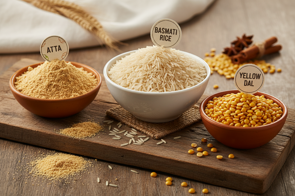 Atta flour, basmati rice, and yellow dal in bowls on rustic wooden table, Naturia ingredients