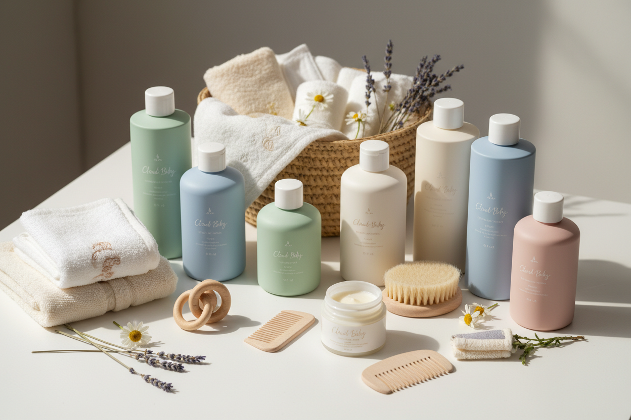 Naturia baby care collection with pastel bottles, towels, brushes, combs, and flowers