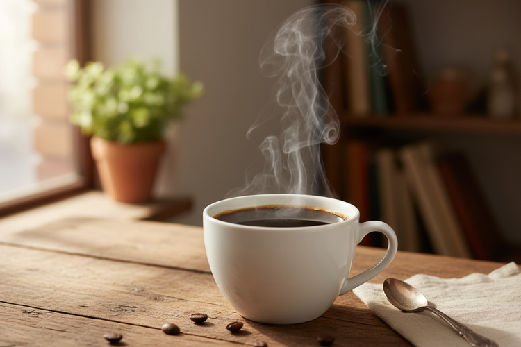Steaming black coffee in white mug on rustic table, Naturia coffee beans, cozy home setting