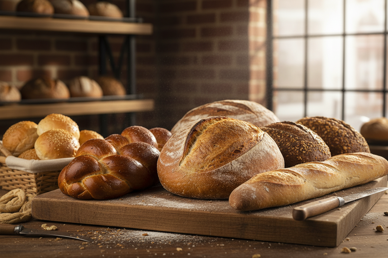 Assorted fresh artisan breads on wooden board in bakery, Naturia bread collection