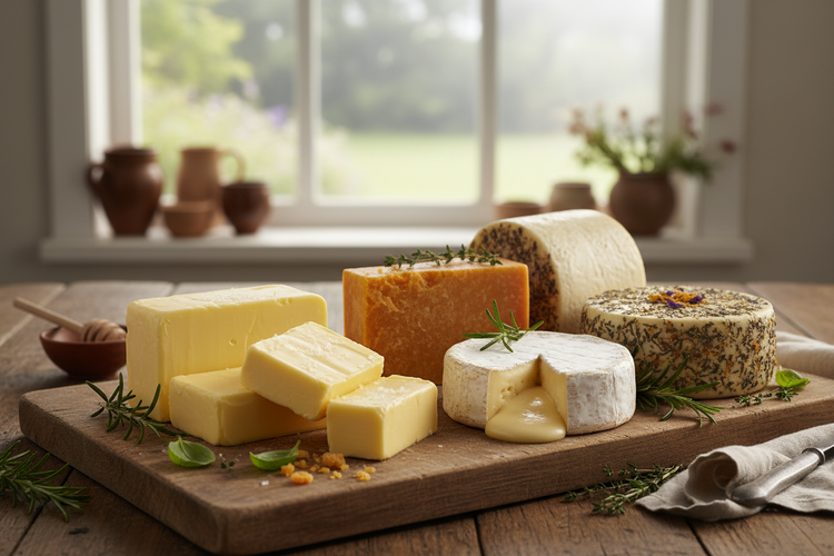 Assorted artisan cheeses and butter on wooden board, Naturia dairy products collection