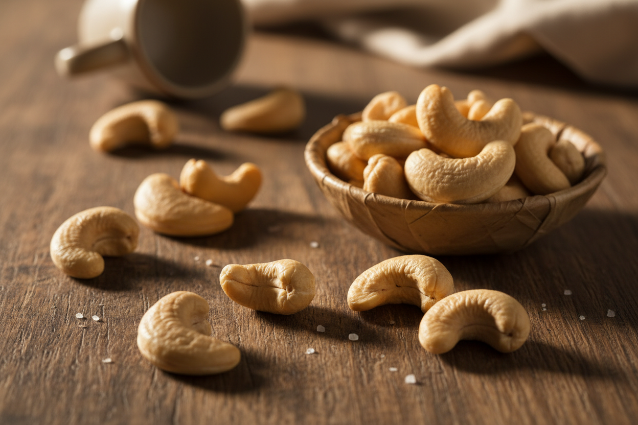 Cashew nuts in a wooden bowl and on table, Naturia healthy snack product