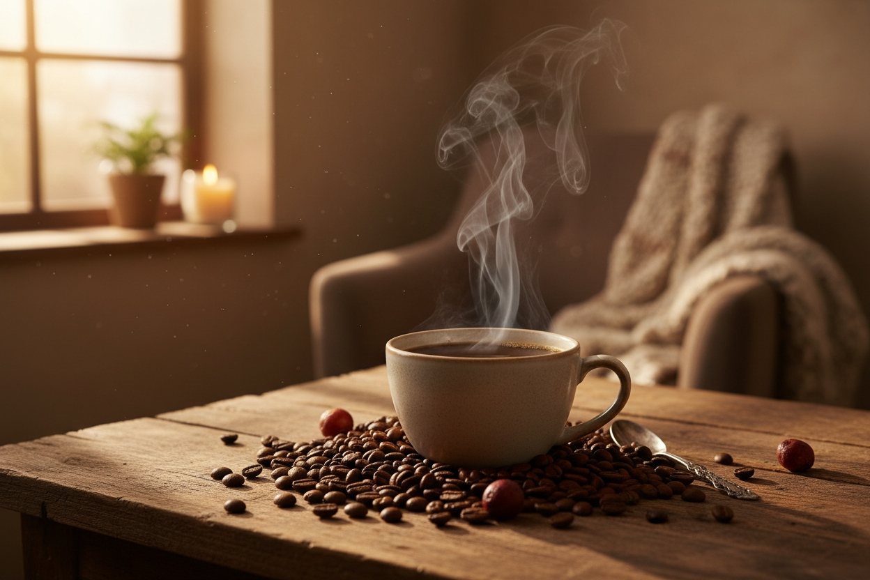 Steaming cup of coffee on rustic table with coffee beans, cozy home setting, Naturia