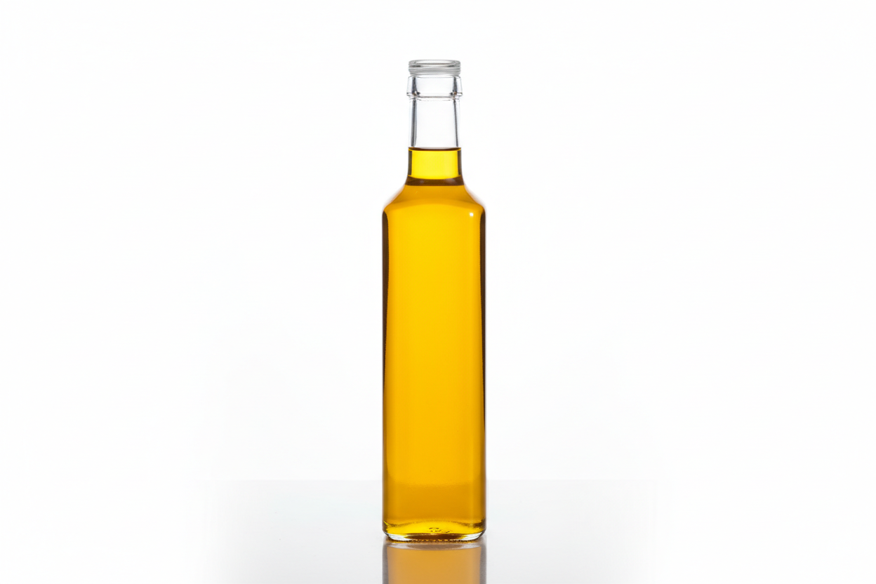 Clear glass bottle of yellow cooking oil on white background, Naturia kitchen essentials