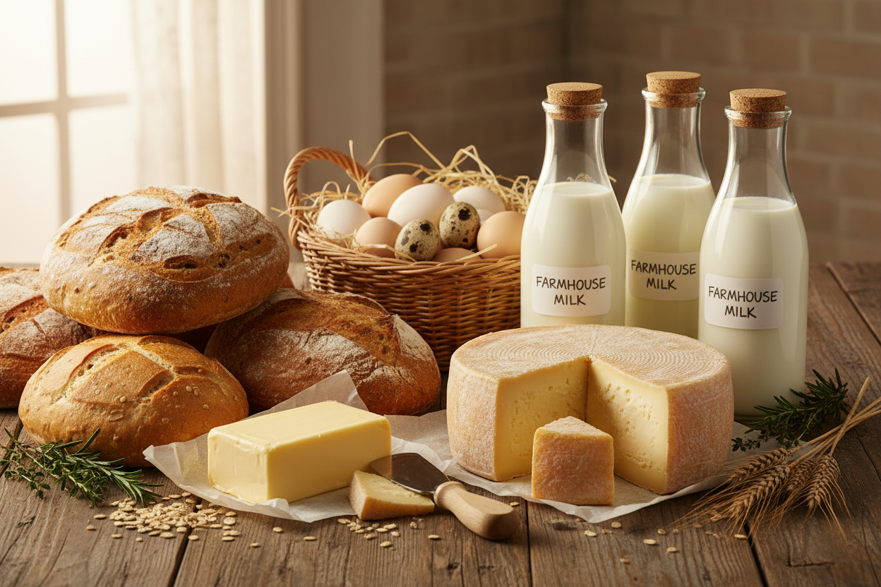 Artisan bread, farmhouse milk, eggs, butter, and cheese on rustic table at Naturia