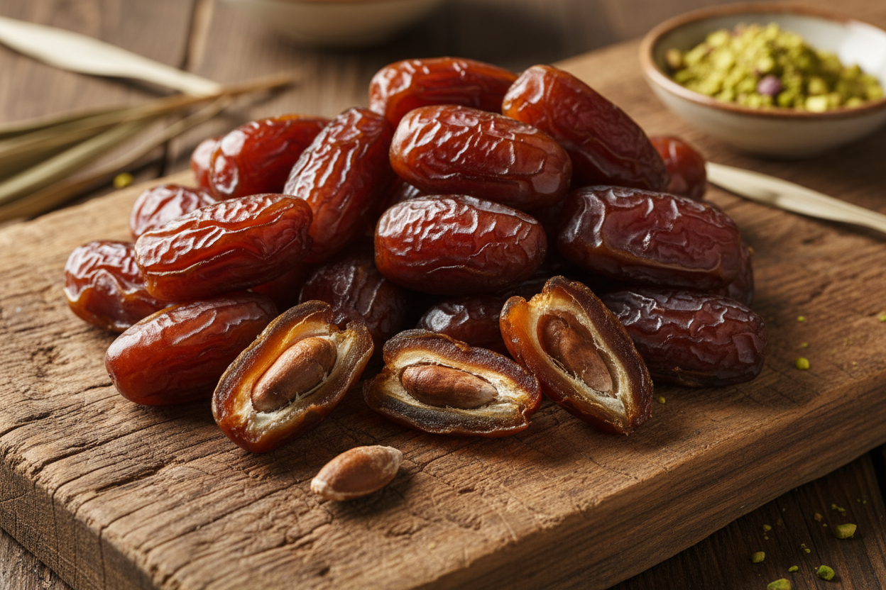 Organic dates displayed on rustic wooden board, Naturia healthy snack
