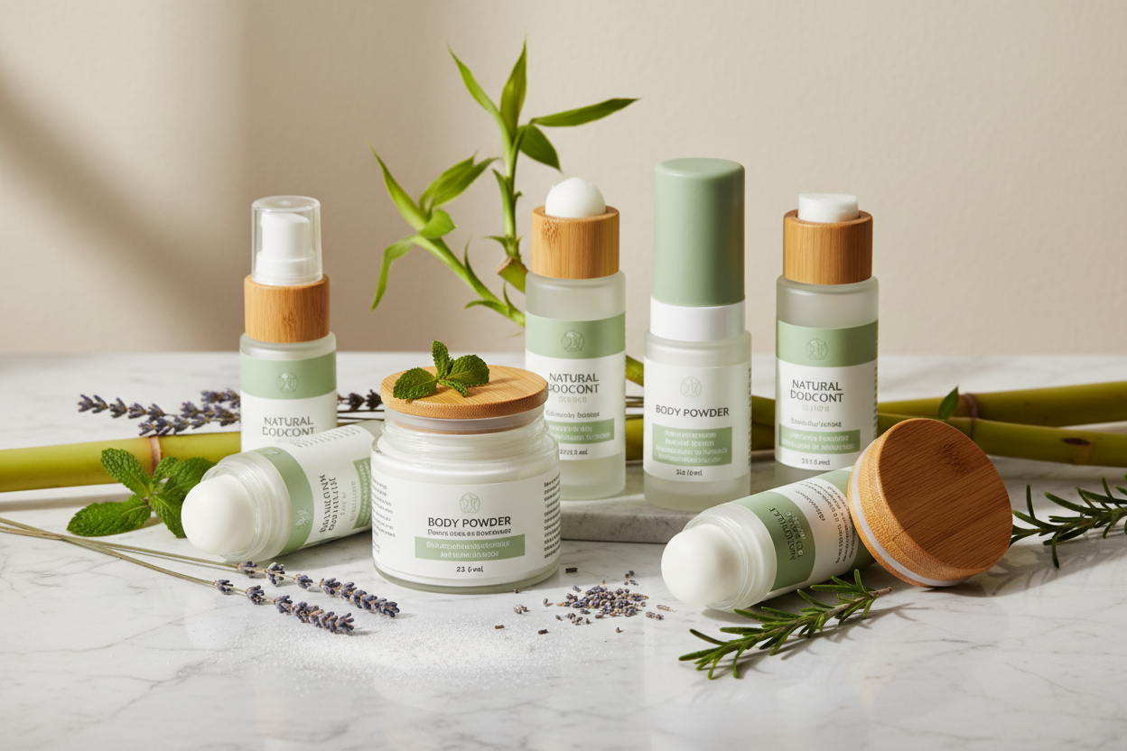 Naturia natural deodorants and body powders with bamboo, mint, and lavender on marble surface