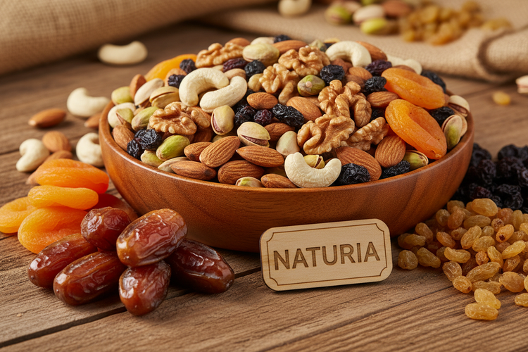 Assorted dry fruits and nuts in a wooden bowl with Naturia label on rustic table.