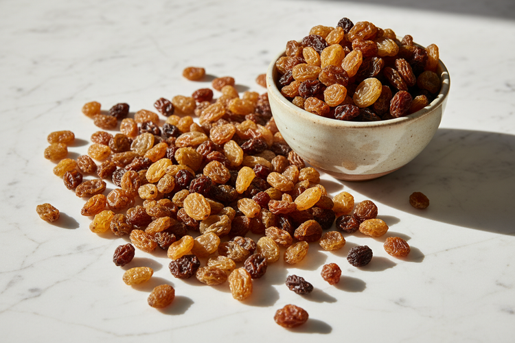 Dry raisins in ceramic bowl and scattered on white marble surface, Naturia product photography