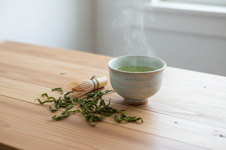 Steaming cup of green tea with loose leaves and bamboo whisk on wooden table, Naturia