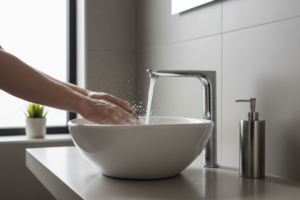 Modern bathroom sink with hands washing using soap, chrome faucet, and soap dispenser, Naturia