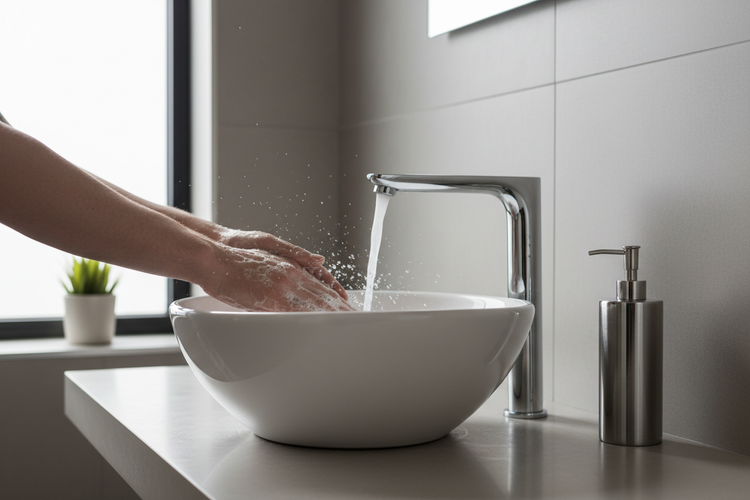 Modern bathroom sink with hands washing using soap, chrome faucet, and soap dispenser, Naturia