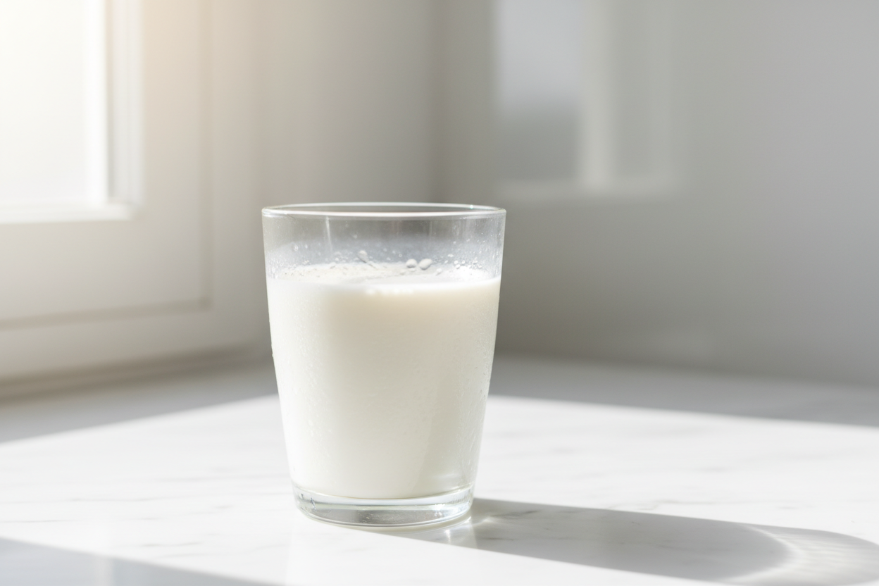Glass of milk on a sunlit white countertop, Naturia natural dairy beverage