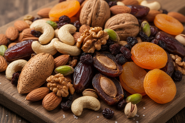 Mixed dry fruits and nuts including apricots, dates, almonds, and walnuts on a wooden board