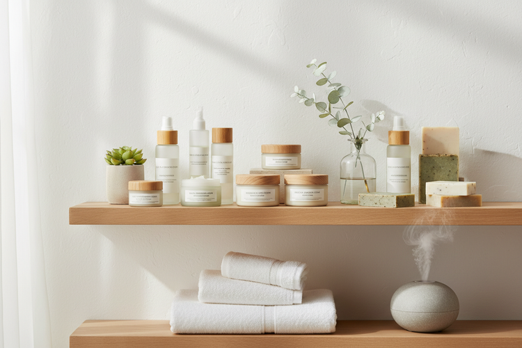 Naturia natural personal care products, soaps, towels, and diffuser on wooden shelves