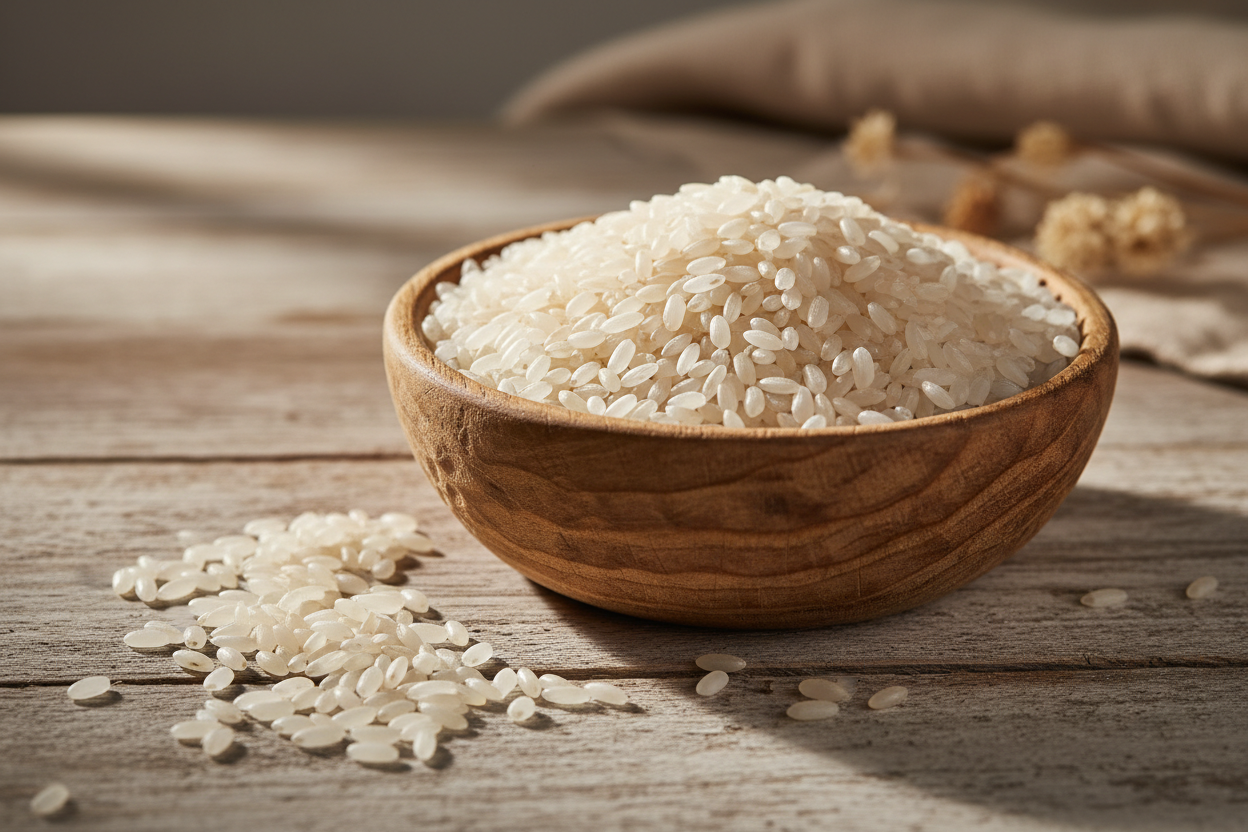 Wooden bowl filled with white rice on rustic table, Naturia natural rice product