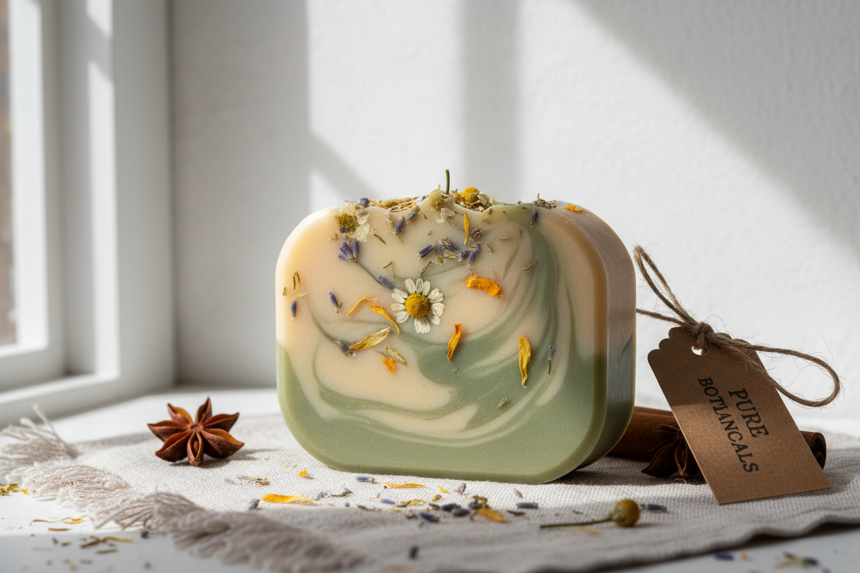 Natural botanical soap bar with dried flowers, labeled Pure Botanicals, on sunlit linen