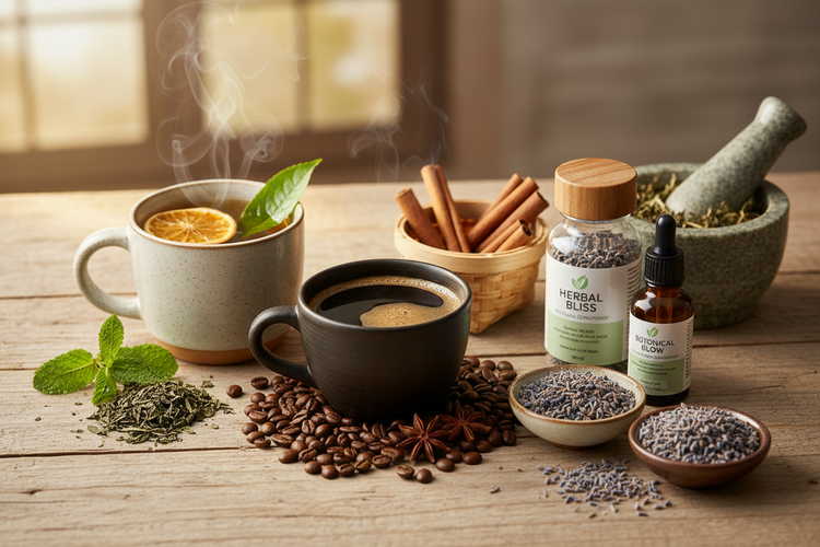 Naturia herbal tea, coffee, and wellness care products on rustic wooden table