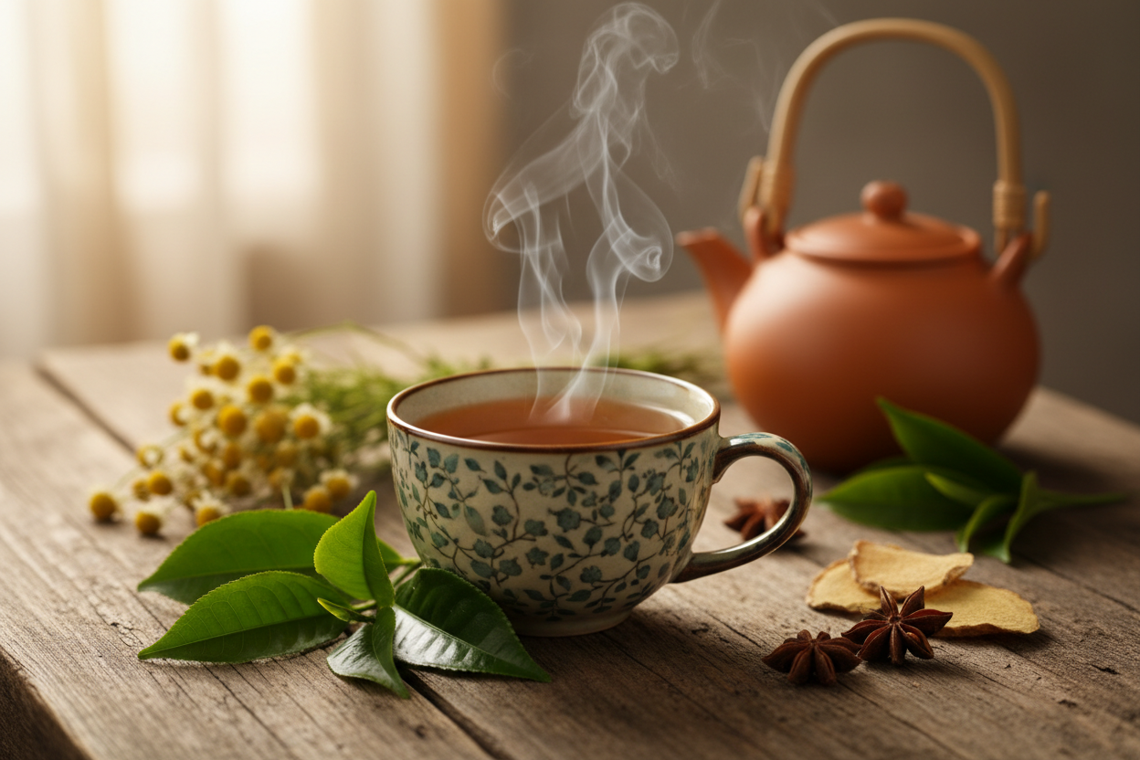 Herbal tea in floral cup with clay teapot, chamomile, and fresh green leaves on rustic table