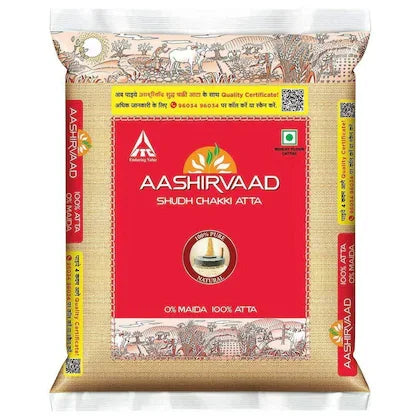 Aashirvaad Shudh Chakki Atta 5 kg wheat flour pack with red and beige design, Naturia