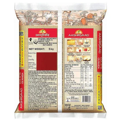 Back view of Aashirvaad Shudh Chakki Atta 5kg wheat flour pack with product details and branding