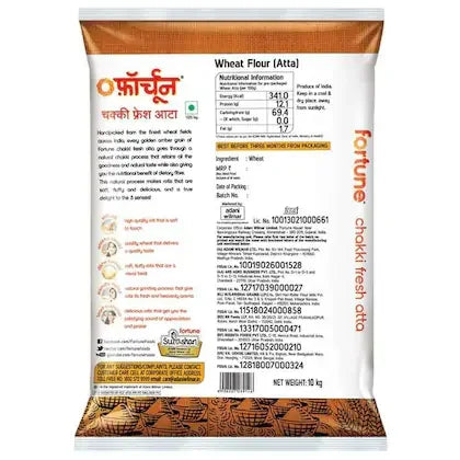 Back of Fortune Chakki Fresh Atta 10kg wheat flour pack with nutrition details, Naturia