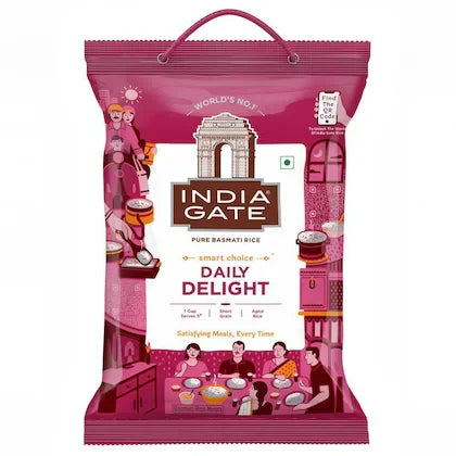 India Gate Daily Delight Pure Basmati Rice 5kg bag with family dining illustration, Naturia