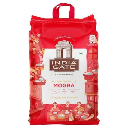 India Gate Mogra Basmati Rice 10kg red bag with logo and cooking illustrations, Naturia