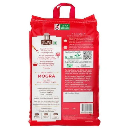 Back of India Gate Mogra Basmati Rice 10kg red bag with product details and branding, Naturia.